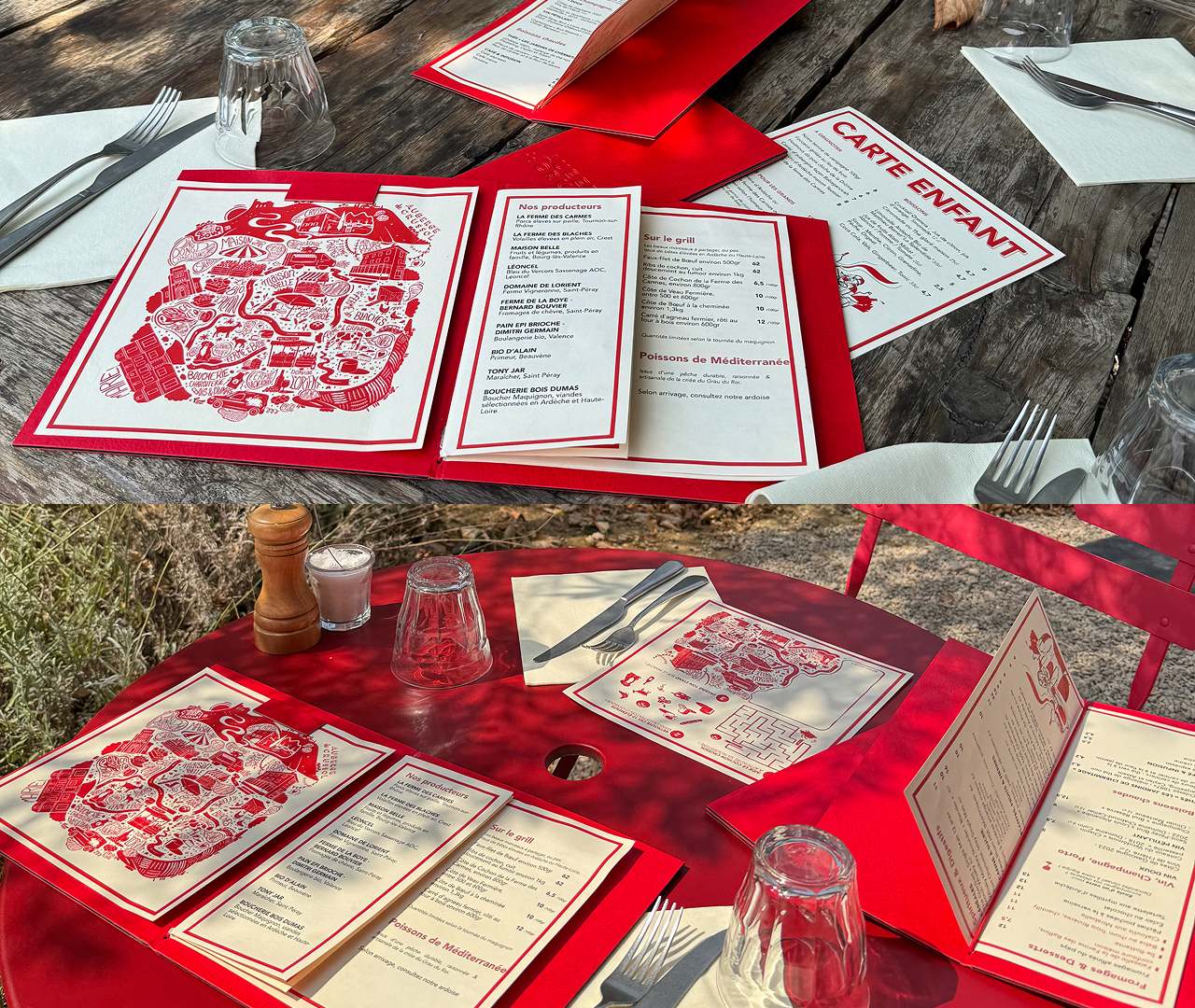 Cartes et menus reproduisant l'identité visuelle sur les tables du restaurant