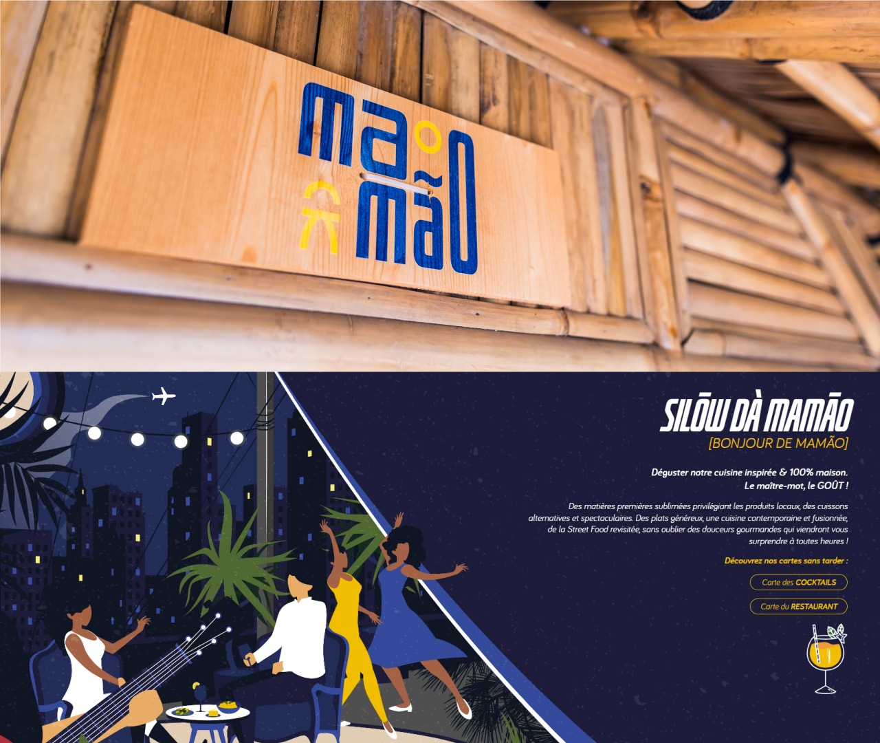 Application du logo Mamaõ sur une plaque de bois gravée et sur le site web